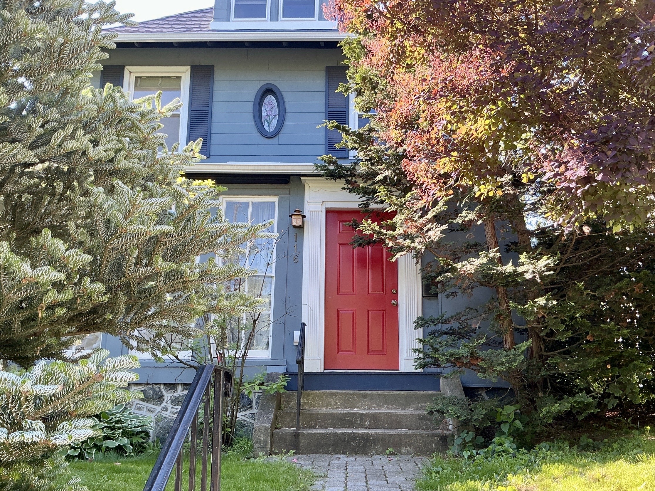 Home inspection by David Bollinger — historic blue-gray American Foursquare with red door and oval window in Bala Cynwyd, Pennsylvania