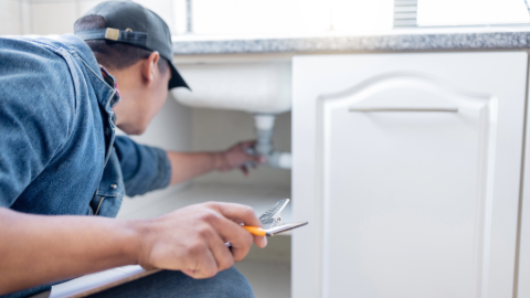 Professional home inspector examining plumbing under kitchen sink during a thorough home inspection in Greater Philadelphia