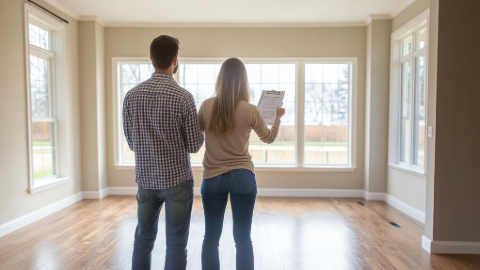 Confident homebuyers reviewing their thorough ValueGuard home inspection report together in an empty future home with large windows in Greater Philadelphia