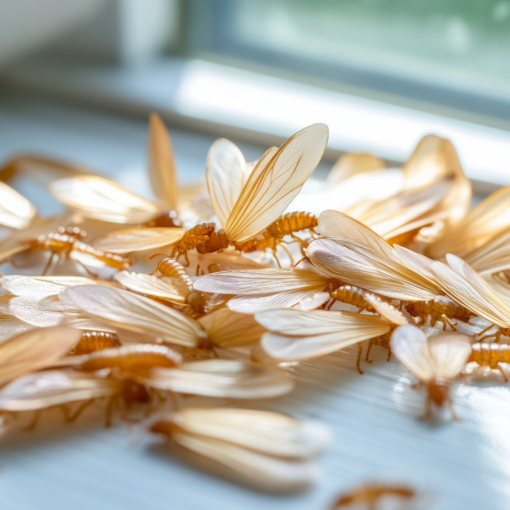 Termite swarmers (flying alates) on windowsill in Greater Philadelphia – spring swarm of eastern subterranean termites signals active colony during termite inspection Philadelphia season