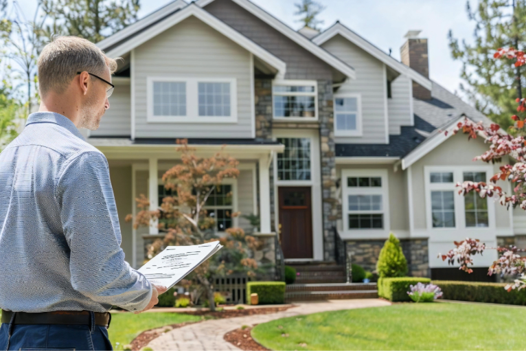 ValueGuard professional home inspector reviewing a beautiful suburban home with clipboard during a thorough property inspection.