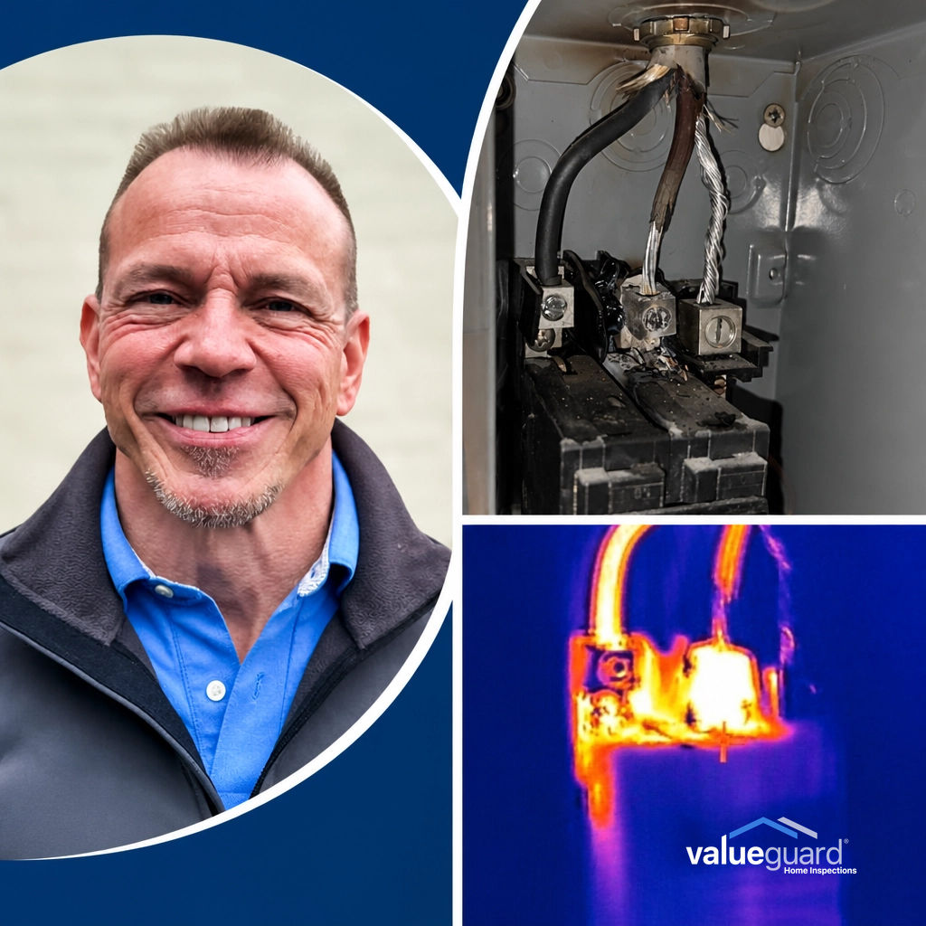 Collage featuring a smiling Nick Ostroswki, home inspector in a circular portrait (left), a close-up photo of a damaged electrical breaker panel with burnt and corroded wires (top right), and a thermal imaging scan showing severe overheating in bright yellow and orange (bottom right), with the ValueGuard Home Inspections logo. 