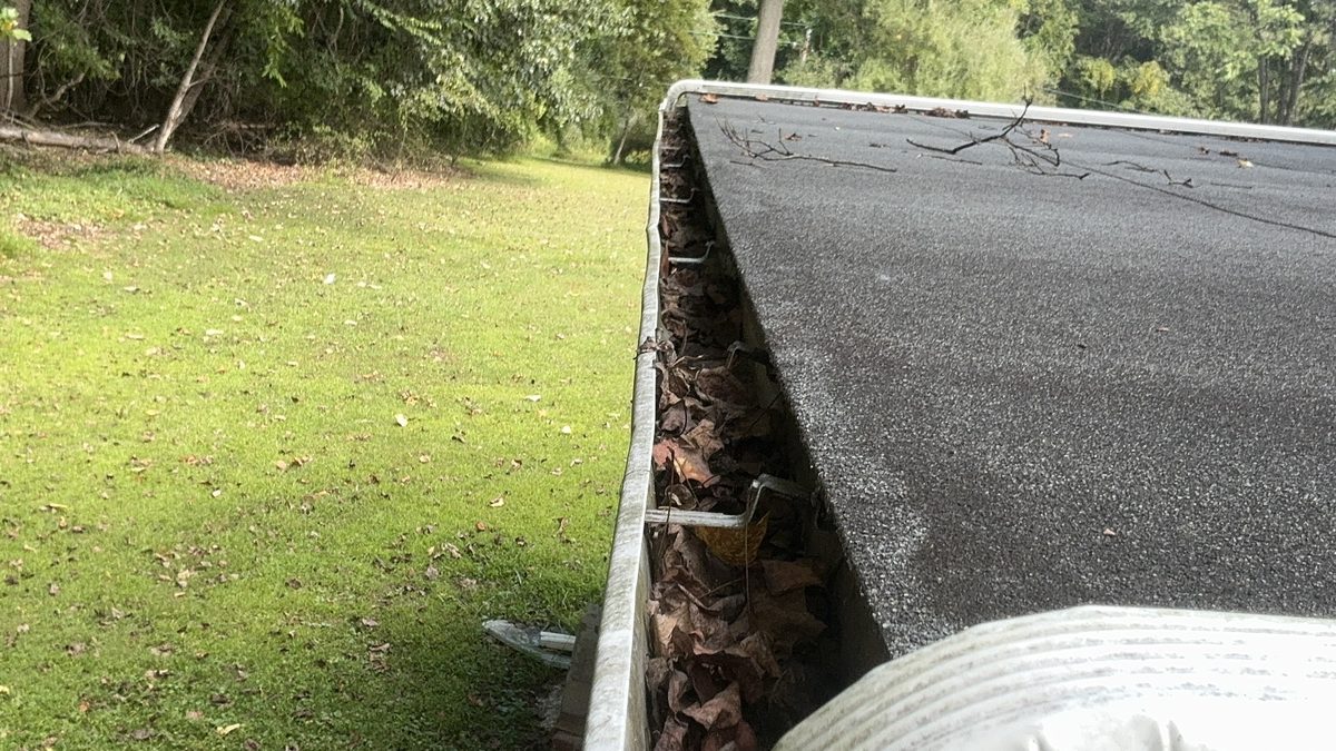Gutter packed with fall leaves along a roof edge