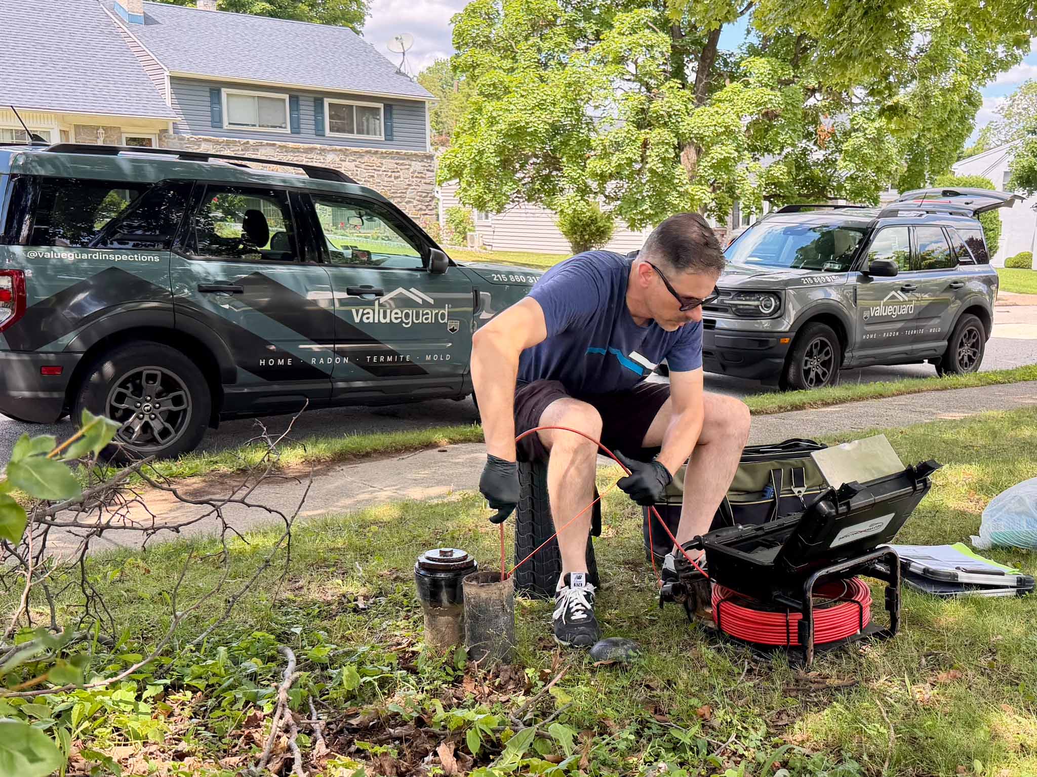 Sewer scope camera inspection of an original clay sewer lateral beneath a Philadelphia rowhouse