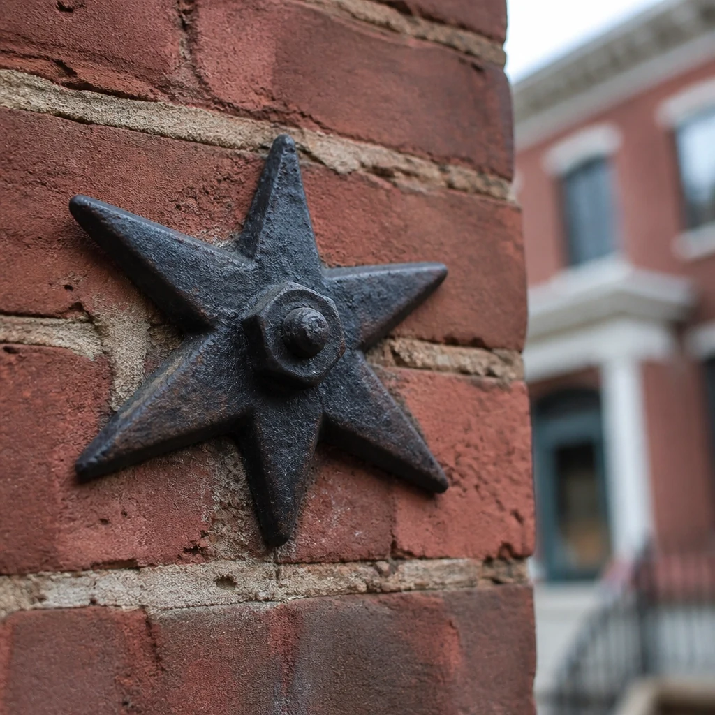 Close-up of a metal star bolt tie-rod washer plate on the brick facade of a Philadelphia rowhouse