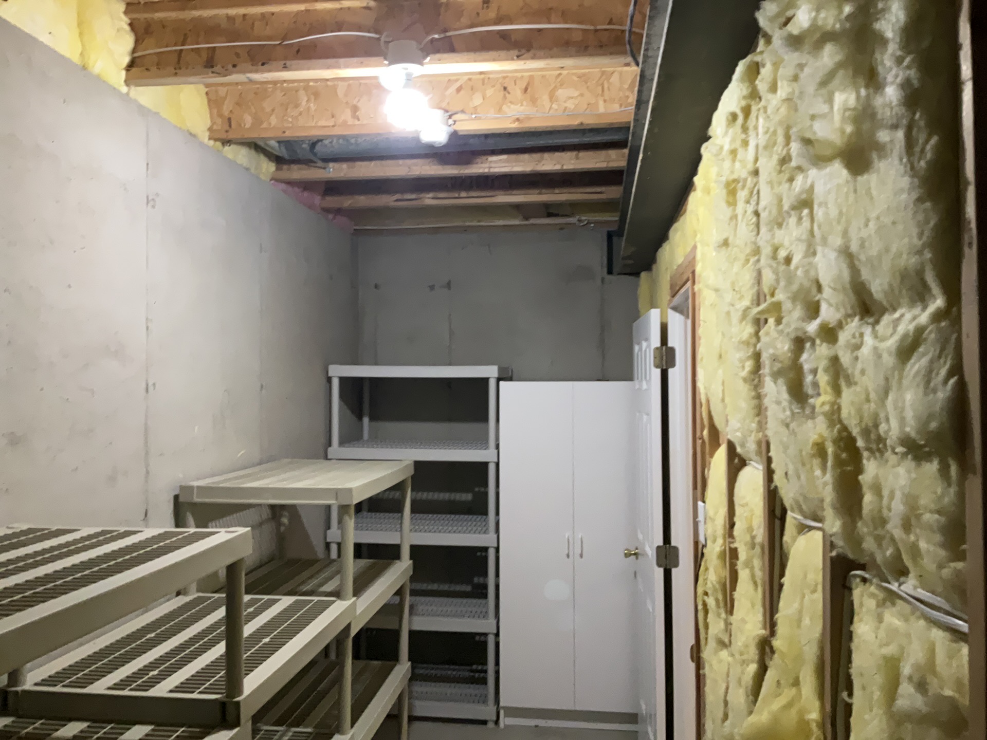 Unfinished basement storage area with concrete foundation walls in a Southeastern Pennsylvania home